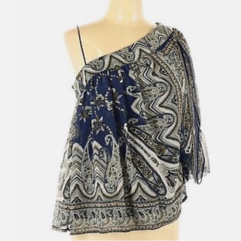 Angie. Size small. One strap blue print too. 100% rayon.